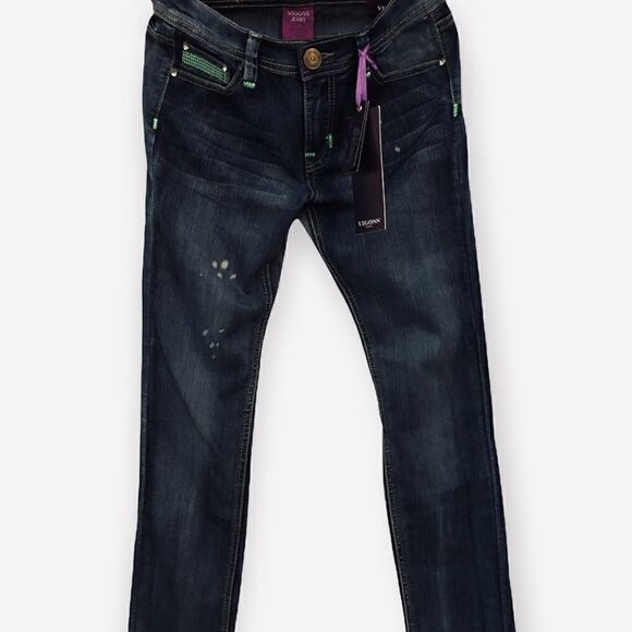 Girls skinny Vigoss jeans green stitching, back pockets beaded green accents. - Picture 1 of 9